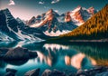 beautiful nature summer sunset over mountains and lake in the forest. Generative AI Royalty Free Stock Photo