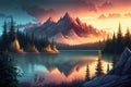 beautiful nature summer sunset over mountains and lake in the forest. Generative AI Royalty Free Stock Photo