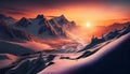 Beautiful nature .view of high snowy mountains at sunrise or sunset with red sun