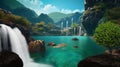 beautiful nature waterfal in lagoone and mountains trees rock wild flowers emeralt green sea water Royalty Free Stock Photo