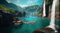 beautiful nature waterfal in lagoone and mountains trees rock wild flowers emeralt green sea water Royalty Free Stock Photo