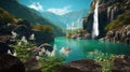 beautiful nature waterfal in lagoone and mountains trees rock wild flowers emeralt green sea water Royalty Free Stock Photo