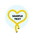 Beautiful neat minimalistic square illustration of a yellow centimeter measuring tape in the form of a heart, inside a