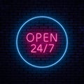 Beautiful neon inscription open 24 hours 7 days a week Royalty Free Stock Photo