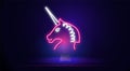 Beautiful neon pink Unicorn sign. Neon logo, bright banner. Advertising design. A sign with night lighting. Vector