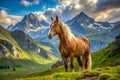 Beautiful nester horse on the background of mountain landscape. Royalty Free Stock Photo