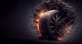 Beautiful new black wheel, a black low-profile tire and a cast disc for a car, with an explosion of fire and smoke Royalty Free Stock Photo