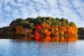 Beautiful New England Fall Foliage with reflections at sunrise, Boston Massachusetts. Royalty Free Stock Photo