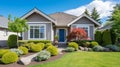 Beautiful new home exterior with covered porch and green grass on bright sunny day. generative ai Royalty Free Stock Photo
