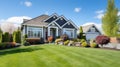 Beautiful new home exterior with covered porch and green grass on bright sunny day. generative ai Royalty Free Stock Photo