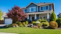 Beautiful new home exterior with covered porch and green grass on bright sunny day. generative ai Royalty Free Stock Photo