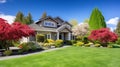 Beautiful new home exterior with covered porch and green grass on bright sunny day. generative ai Royalty Free Stock Photo