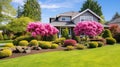 Beautiful new home exterior with covered porch and green grass on bright sunny day. generative ai Royalty Free Stock Photo