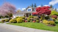 Beautiful new home exterior with covered porch and green grass on bright sunny day. generative ai Royalty Free Stock Photo