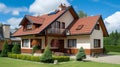 Beautiful new home exterior with two car garage and covered porch on sunny day. Generative AI Royalty Free Stock Photo