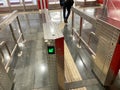 Beautiful new shiny metal automatic turnstiles for entering the subway or exiting the building