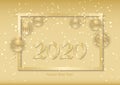 Merry Christmas and Happy New Year. Beautiful New Year background with gold hanging balls and ribbons. Elegant background for chri