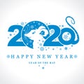 Beautiful New Year card with blue frost 2020 Rat. Charming white mouse and snowflakes.