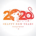 Beautiful New Year card with the symbol of 2020 Rat. Charming white mouse and snowflakes.