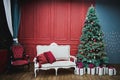 Beautiful New Year decorated classic home interior. Winter background. Living room with a Christmas decor. Holiday background. New