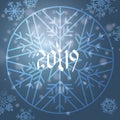 Beautiful New Year greeting card with a clock in shape of a snowflake on blue background with snowflakes Royalty Free Stock Photo