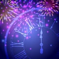 Beautiful New Year greeting card with colorful glittering fireworks and a clock on blue background Royalty Free Stock Photo