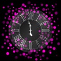Beautiful New Year greeting card with pink glittering lights and a silver clock on black background
