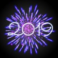 Beautiful New Year 2019 greeting card with purple glittering fireworks and a clock Royalty Free Stock Photo