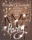 Beautiful new year party banner with christmas tree bruNew year eve party invitation card with sparklers and serpentine.