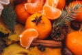 Beautiful New Year scene with tangerines, star anise and fir Royalty Free Stock Photo