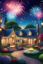 A beautiful new year's eve party in a whimsical garden, with fireworks, flowers, house, starry night sky, happy, romance