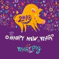 Beautiful New Years card with a cartoon yellow boar symbol of 2019 on the Chinese calendar. Royalty Free Stock Photo