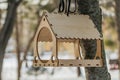 A beautiful new yellow bird and squirrel feeder house from plywood is on a black rope on a brown tree in a park in winter