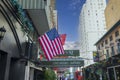 Beautiful New York city Manhattan landscape view. American national flag and Live music restaurant signboard on front.