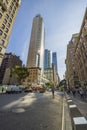 Beautiful New York cityscape view. High buildings on blue sky background.