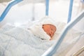 Newborn baby laying in crib in prenatal hospital Royalty Free Stock Photo