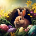 Beautiful nice cute Easter background, rabbit, painted eggs and flowers