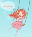 Beautiful, nice, cute red-haired girl swinging on a swing. Royalty Free Stock Photo