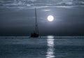 Beautiful night Adriatic sea, yacht and full moon, Croatia. Night seascape.
