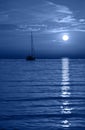 Beautiful night Adriatic sea, yacht and full moon, Croatia. Night seascape Royalty Free Stock Photo