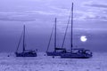 Beautiful night Adriatic sea, yachtes and full moon, Croatia. Night seascape. Trendy banner toned in very peri - color Royalty Free Stock Photo