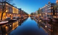 Beautiful night cityscape with canals of Amsterdam, Netherlands Royalty Free Stock Photo