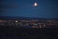 Beautiful night dusk view of Reykjavik, Iceland, aerial view with Hallgrimskirkja lutheran church, with scenery beyond the city, Royalty Free Stock Photo