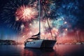 Beautiful night fireworks over a large yacht. Festive fireworks over the ship