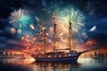 Beautiful night fireworks over a large yacht. Festive fireworks over the ship