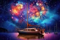 Beautiful night fireworks over a large yacht. Festive fireworks over the ship