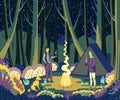 Beautiful night forest landscape. Couple camping in forest with dog and tent. Man and woman drinking coffee near campfire in the n