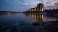 Beautiful Night of the hydroelectric power plant on the river, dusk, long exposure, generative ai Royalty Free Stock Photo