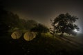 Beautiful night landscape of big full moon rising over the mountain road with hill and trees, mystical concept Royalty Free Stock Photo