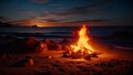 Beautiful night landscape with bonfire on the beach. 3D rendering, AI Generated
